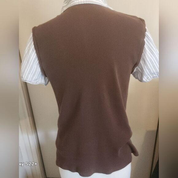 Croft & Barrow womans gray striped w balloon sleeve blouse & attached brown vest - Picture 6 of 9